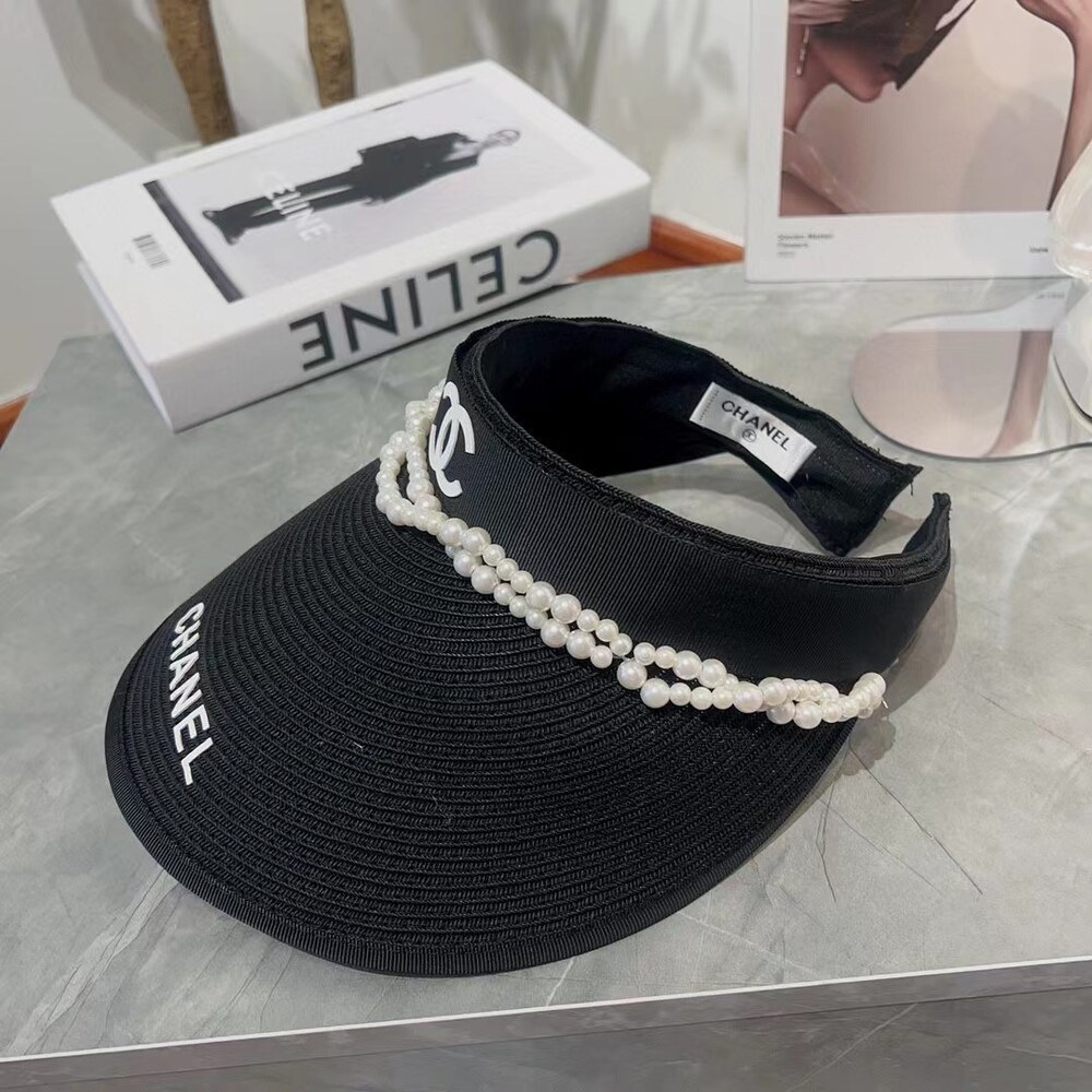 Chanel Pearl Trim Black Straw Sun Visor - Picture 6 of 6